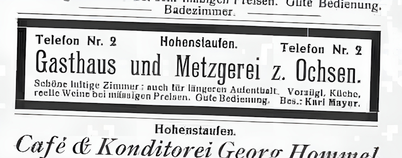 Karl Mayer – Gasthaus Zum Ochsen, Telefonanschluss Nr. 2 in Göppingen-Hohenstaufen Karl Mayer im Gasthaus Zum Ochsen Hohenstaufen, historische Aufnahme mit Telefon