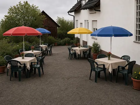 Jüngere Ansicht der rechten Terrasse am Haus mit Tischen und Sonnenschirmen