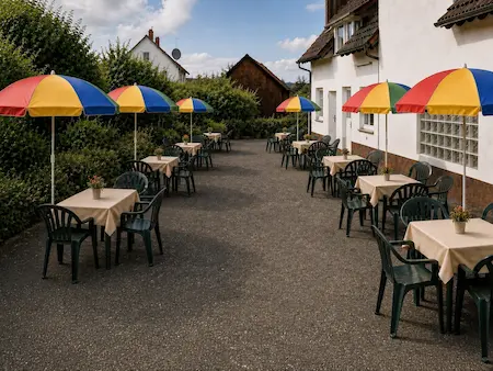 Längere Ansicht der rechten Terrasse entlang des Hauses mit mehreren Tischen und Sonnenschirmen