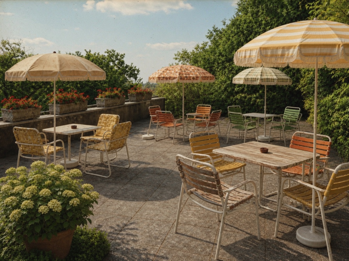 Linke Terrasse der Gartenwirtschaft des Goldenen Ochsen mit farbigen Gartenstühlen, Sonnenschirmen und Bepflanzung