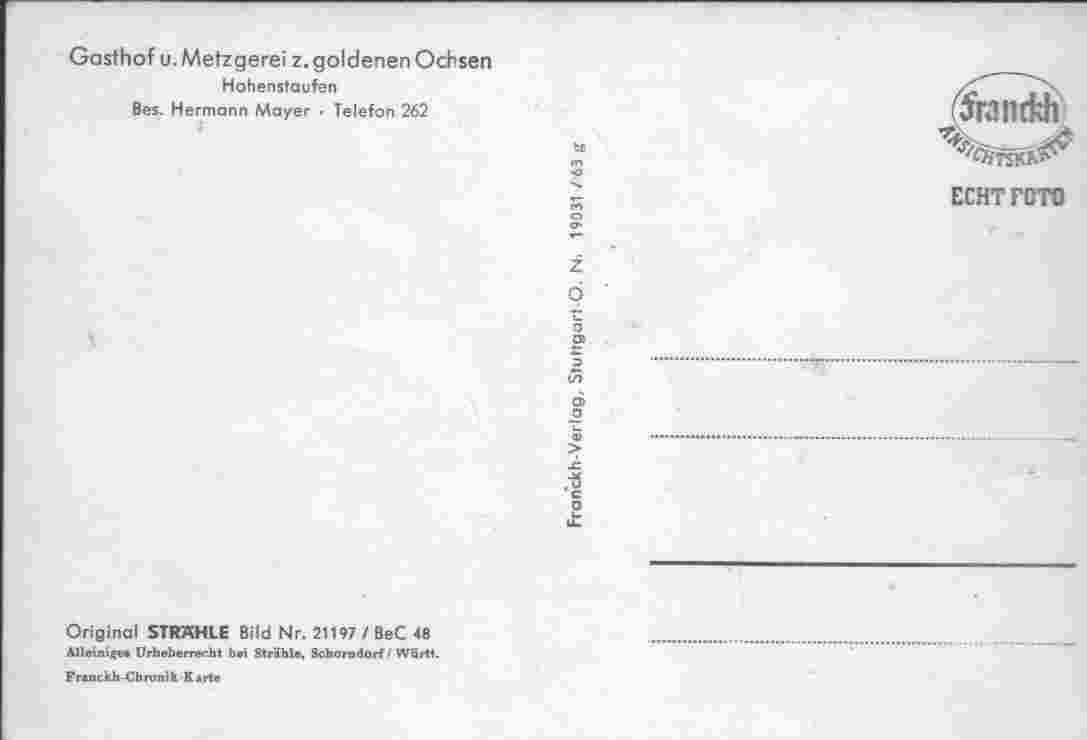 Rückseite Postkarte Goldener Ochsen Göppingen Hohenstaufen Telefonnummer 262