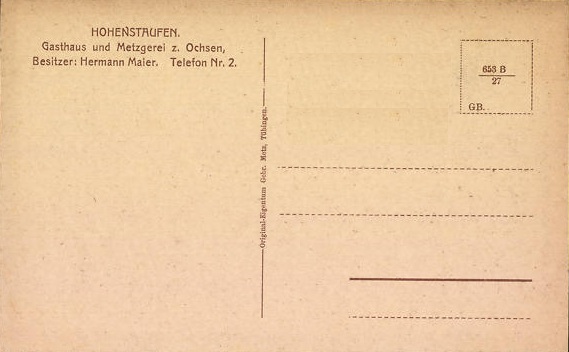 Rückseite Postkarte Goldener Ochsen Göppingen Hohenstaufen Telefonnummer 2