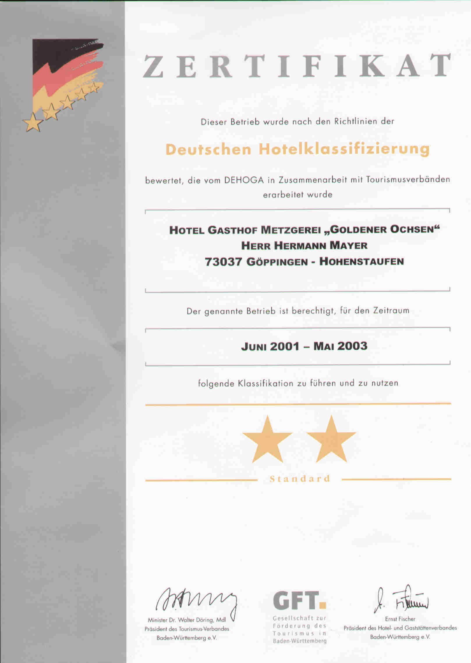 Archivdokument: DEHOGA-Urkunde aus dem Jahr 2001