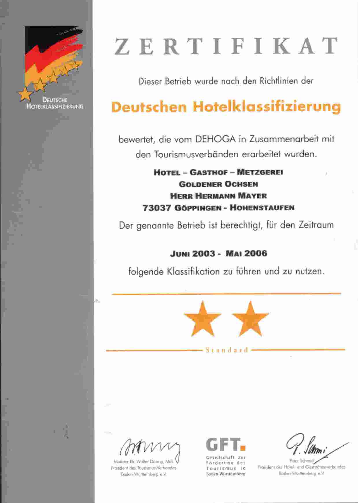 Archivdokument: DEHOGA-Urkunde aus dem Jahr 2003
