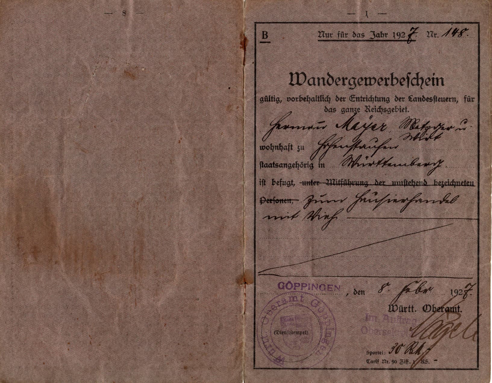 Wandergewerbeschein, Seite 1