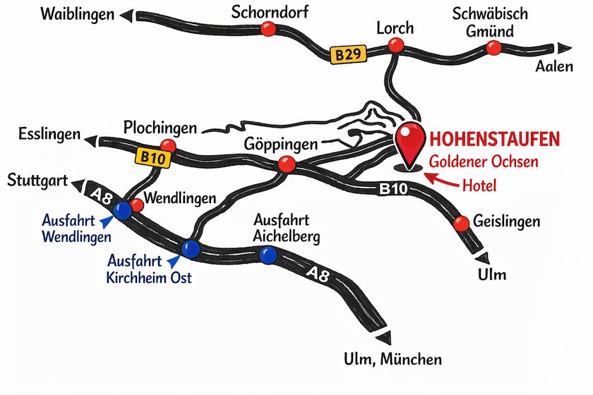 Mapa dojazdu: Ailstrasse 1, 73037 Goeppingen-Hohenstaufen (Hotel Gasthof Goldener Ochsen)